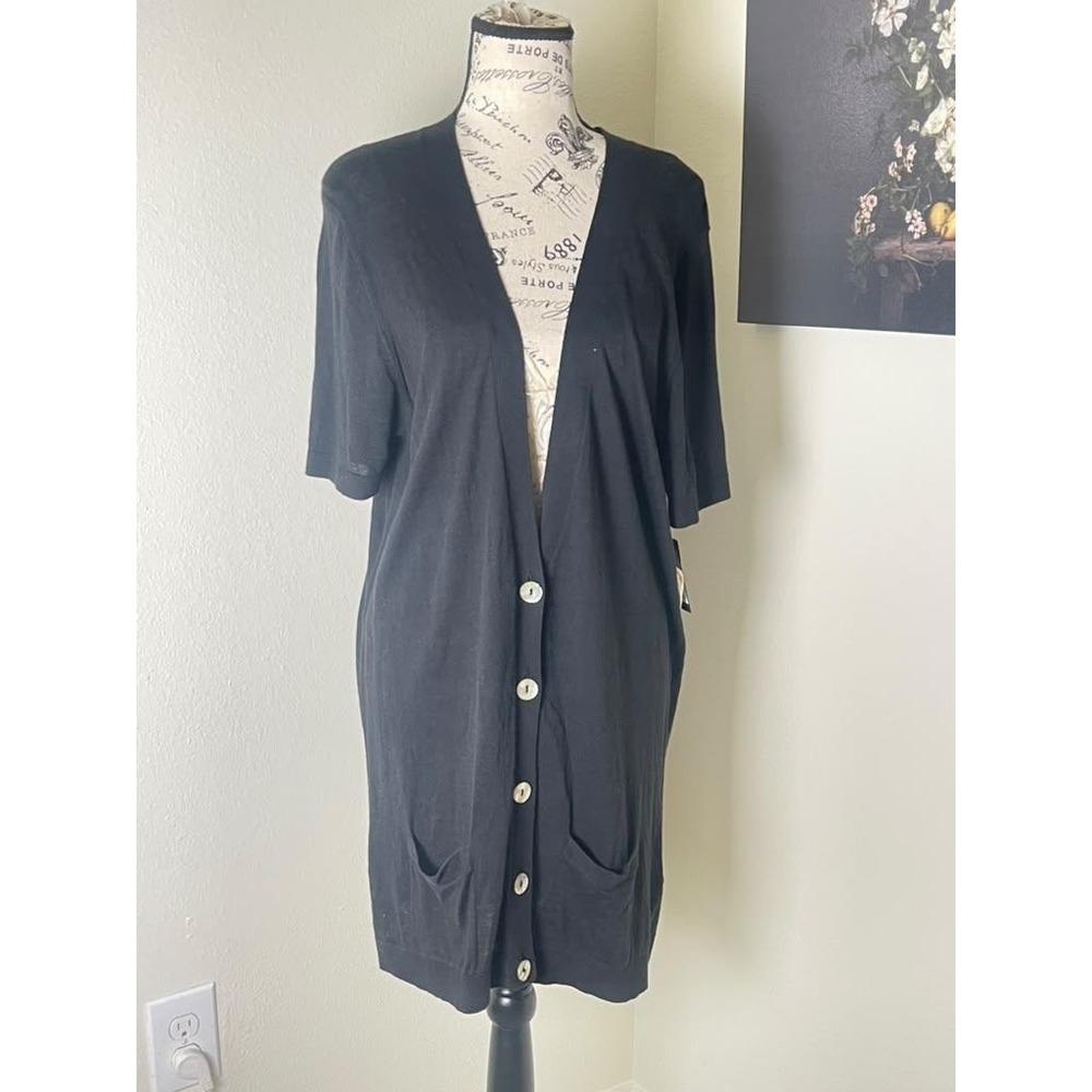 Madison Women Black Short Sleeve Longline Button Front Cardigan XL NWT